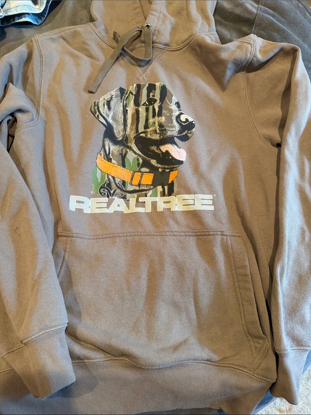 Realtree Brown Hoodie with Orange Collar Dog Graphic
